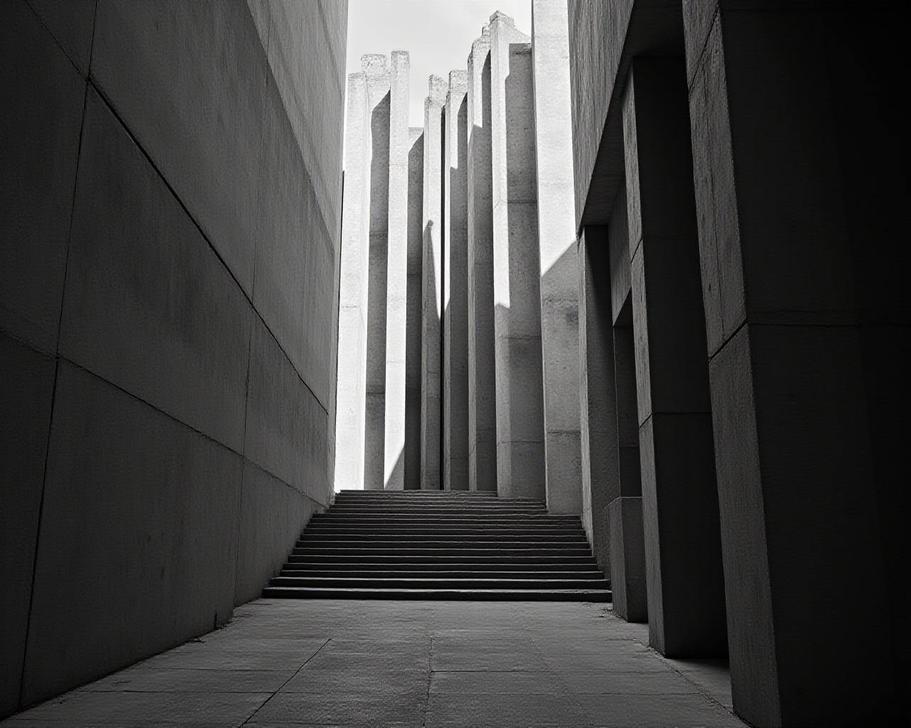 Fachada de edificio brutalista con sombras dr&aacute;sticas